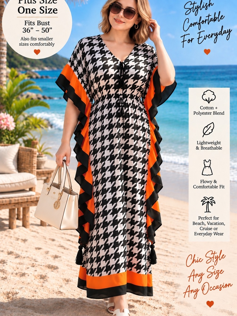 Houndstooth Maxi Kaftan Dress in Black & Orange